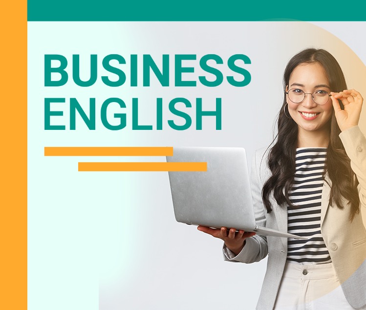 "Smiling woman with glasses holding a laptop, standing next to the text 'BUSINESS ENGLISH' on a vibrant teal and orange promotional graphic for a language course."