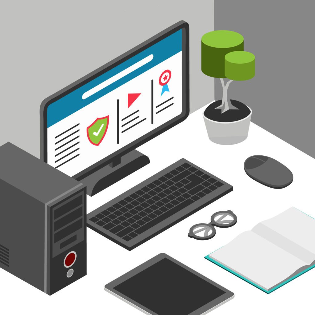 "Isometric vector illustration of a desktop computer setup, showcasing a screen with certification icons, ideal for a basic computer course page."