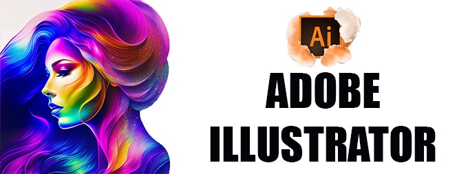 "Promotional banner displaying Adobe Illustrator's logo with sample vector artwork illustrating the software's capabilities in creating high-quality graphic illustrations."