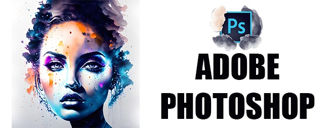 "Promotional banner for Adobe Photoshop featuring a vibrant watercolor portrait of a woman next to the Photoshop logo, with the text 'ADOBE PHOTOSHOP' prominently displayed."