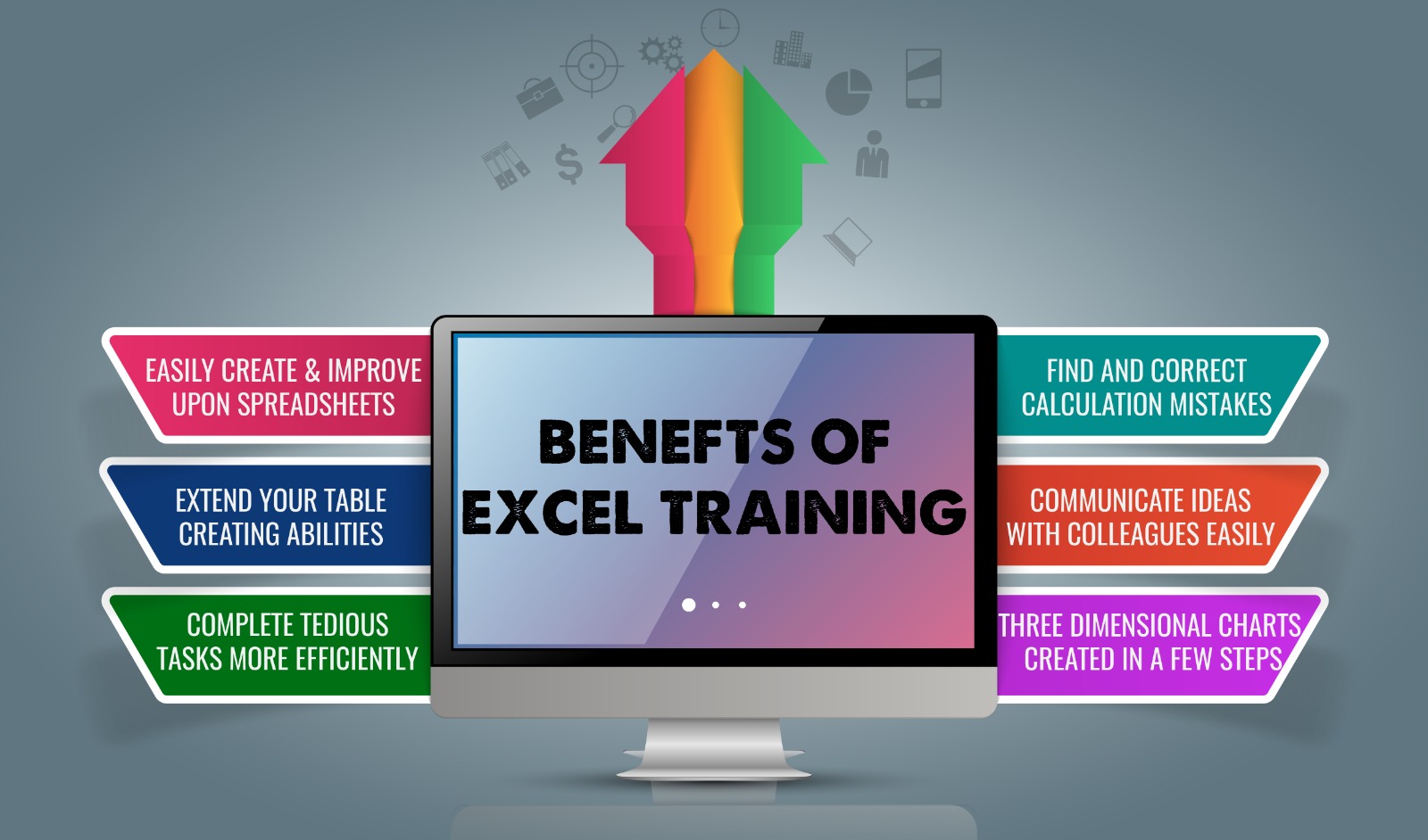 "Infographic highlighting the key benefits of advanced Excel training, featuring icons and brief descriptions for each benefit such as enhanced data analysis capabilities, improved productivity, mastery of complex functions and formulas, better data visualization techniques, and increased efficiency in spreadsheet management."