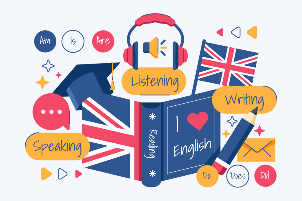 "An educational image depicting the four key components of the IELTS exam: Reading, Listening, Writing, and Speaking. The image features symbols or icons that represent each section – an open book for Reading, headphones for Listening, a pen and paper for Writing, and two people conversing for Speaking. The layout is organized and visually balanced, with clear labels for each section, making it easy to understand the different aspects of the IELTS test."